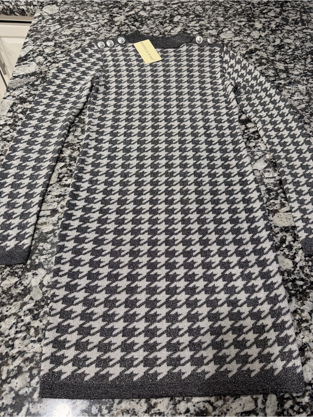 Houndstooth Mini Dress with Shoulder Buttons - Black & White